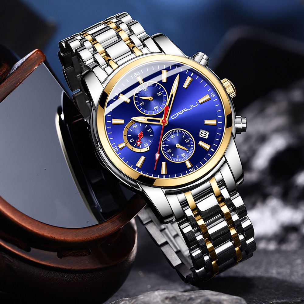 CRRJU Fashion Olahraga Kasual Chronograph Jam Tangan Pria Tahan Air Top Brand Luxury Stainless steel Bercahaya Quartz Watch