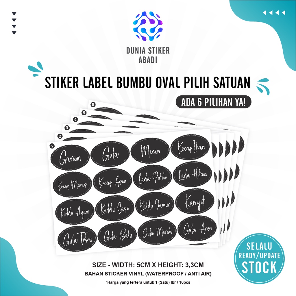 

Stiker Eceran (Min. order 2lbr) Bumbu Dapur Oval - Isi 16pcs-Vinyl (5x3,3cm)