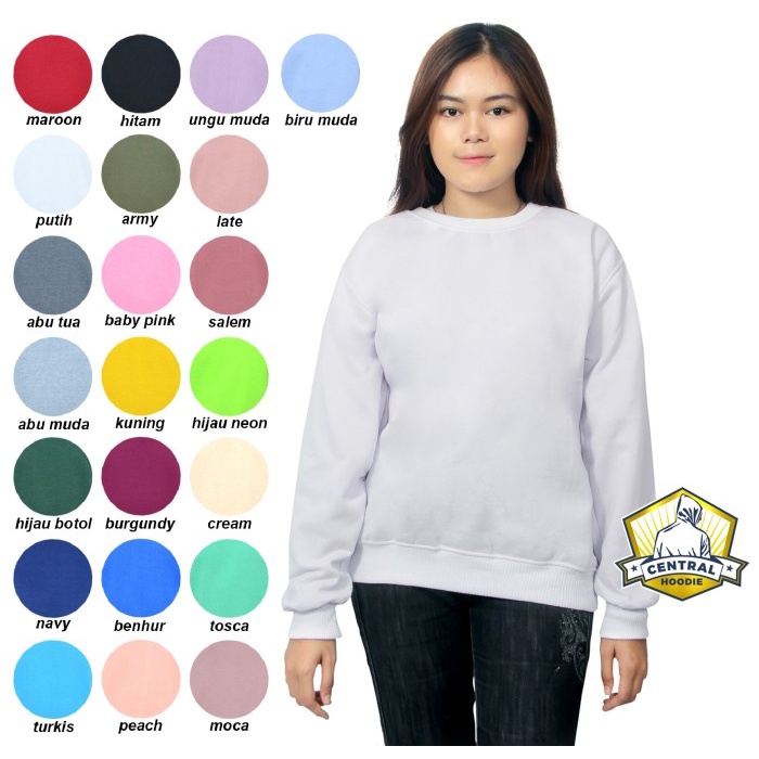 Jaket Wanita Sweater BASIC Jaket Unisex Pria Wanita Polos Fleece Crewneck (COD) - Putih(T6E9) Jaket 