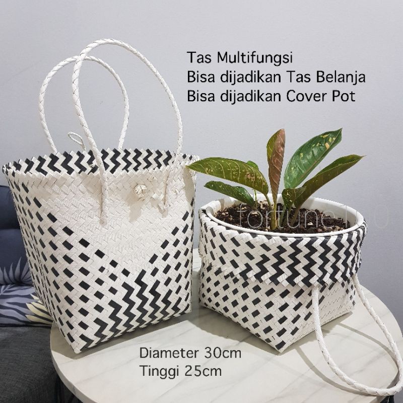 Tas Keranjang Belanja / Tas Anyaman Plastik Monokrom E07