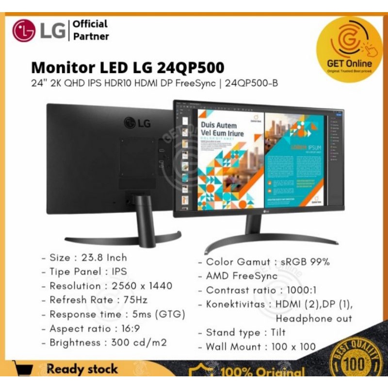 Monitor LG 24QP500 QHD 1440p IPS hdmi DP HDR10 Freesync 24QP500-b