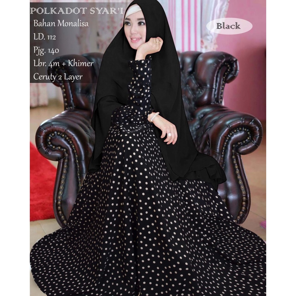 gamis syarii mayung polkadot monalisa set hijab ceruty 2 layer fashion muslim kekinian