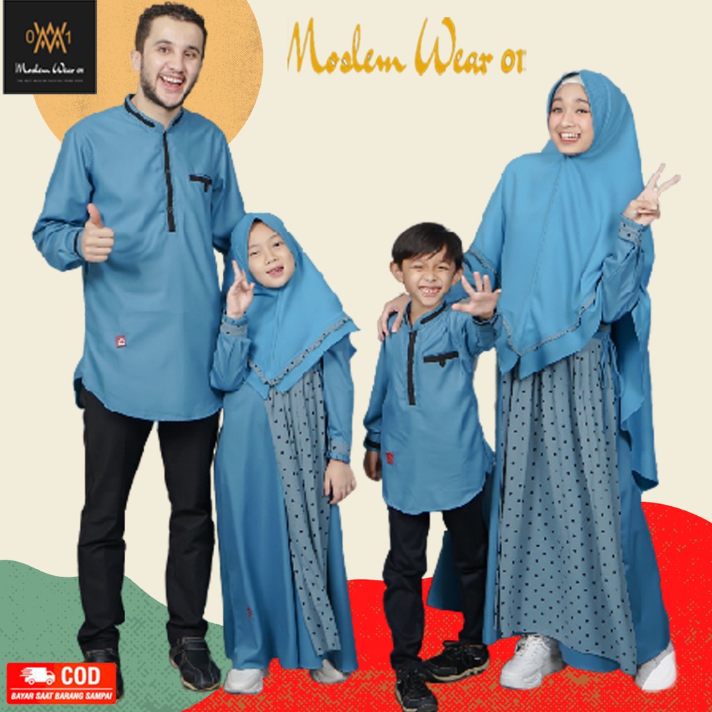 Baju Koko Gamis Lebaran Keluarga Muslim Ayah Ibu Anak Couple Seragam Family Sarimbit Ayman Arra Warna Biru