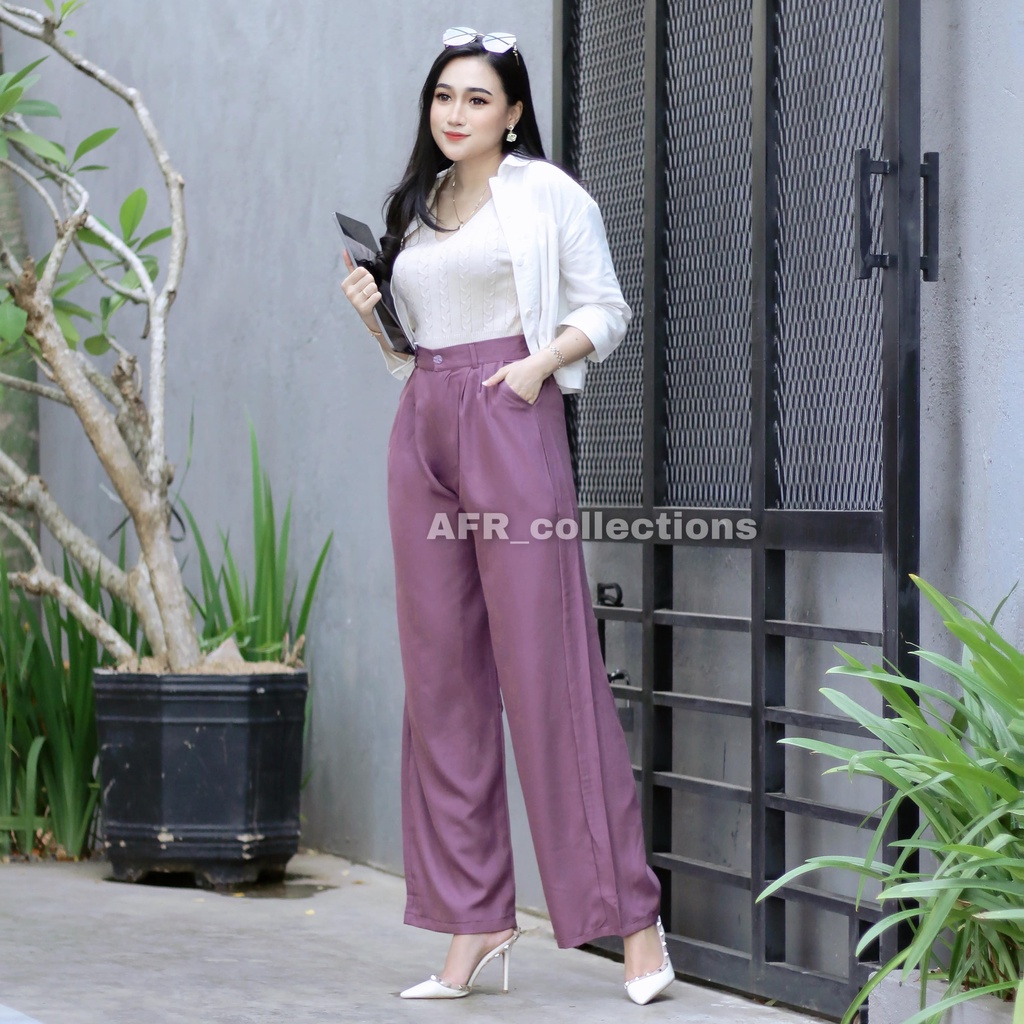 Meira Pants - Celana Panjang Wanita 100 CM - Loose Pants Kancing - Celana Kulot Wanita - Celana Kantor Formal/Casual - Trousers Wanita - Celana Anti Kusut