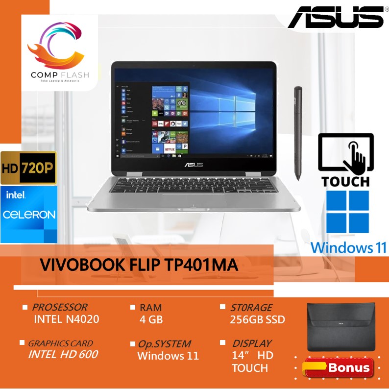 laptop asus vivobook flip tp401ma hd421 2in1 touch n4020 4gb 256ssd w11 ohs 14 0   grey