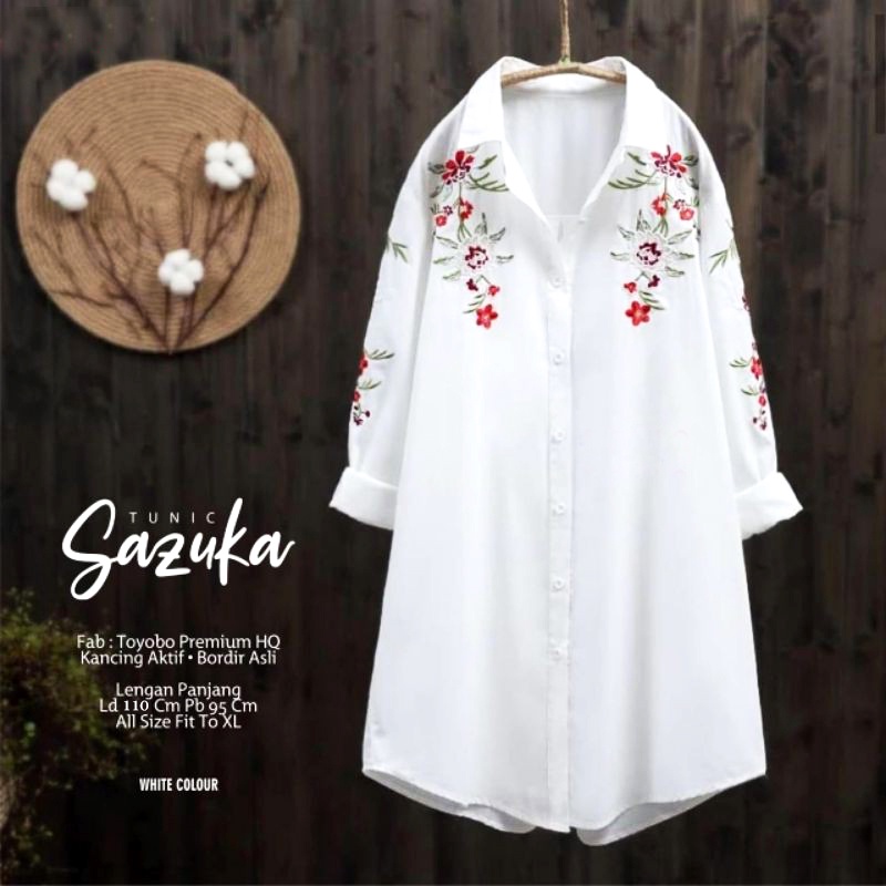 Kiana Sazura Sazuka Alila Tunik Blouse Putih Polos Bordir Katun Toyobo Pink Navy Flower Mayra Nadira