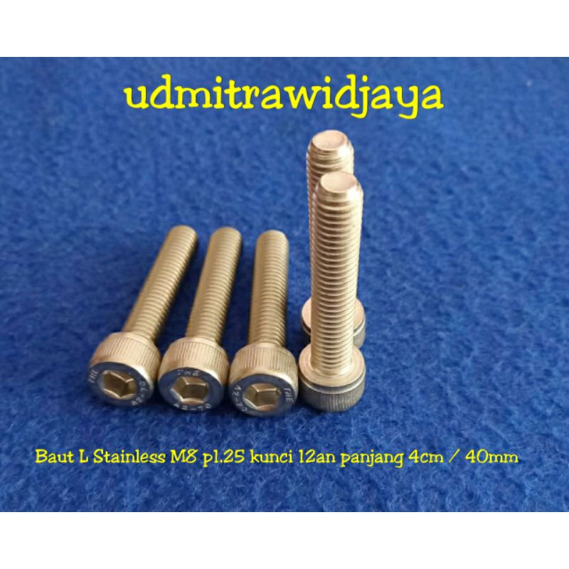 BAUT L STAINLESS STELL M8x40 panjang 4cm A2-70 304 baut 12an baut L ss M8 diameter 8 mm p1.25 baut kunci 12 13 baut fulldratt stenlis baut pangkon cnc baut probolt Ss