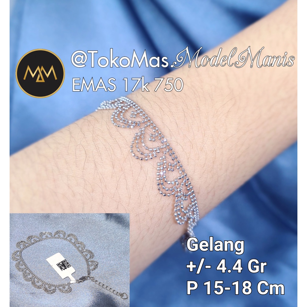 Gelang rumbai biji lada emas putih 750 kadar 17k