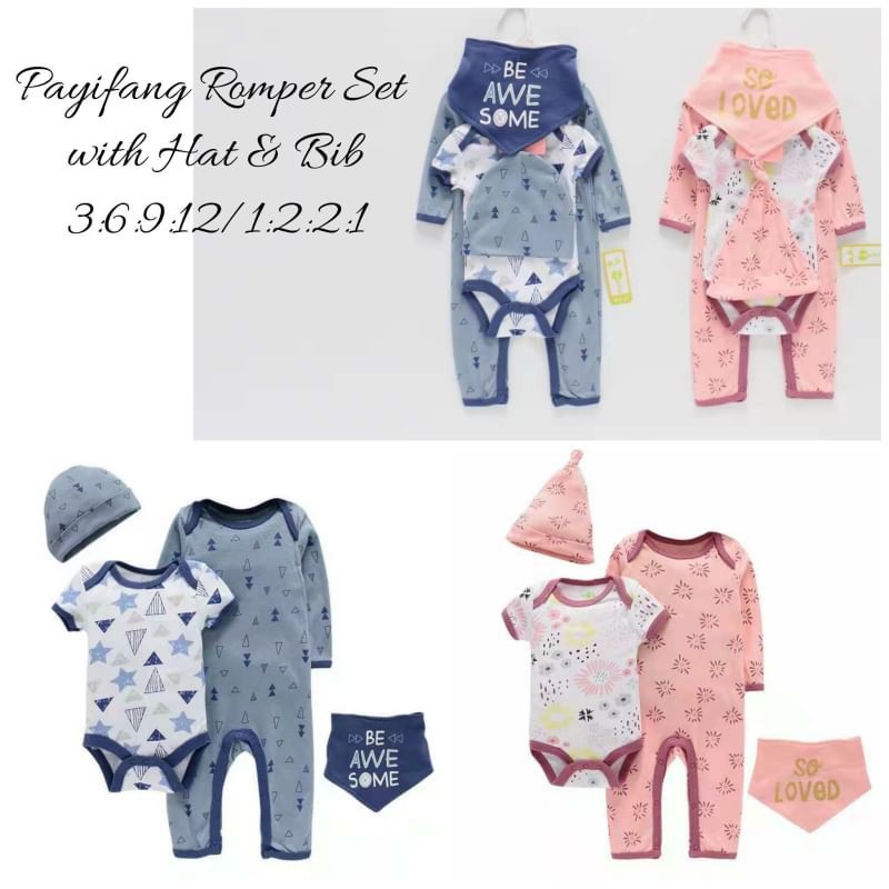 Set baju bayi plus topi slabber/ jumper bayi import/set sleepsuit bayi