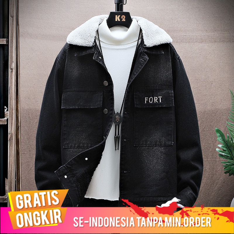 Jaket Pria Bulu Berlapis Tebal Pria Denim Mantel Pemuda Kasual Jaket Hangat  Berlapis Kapas mantel H
