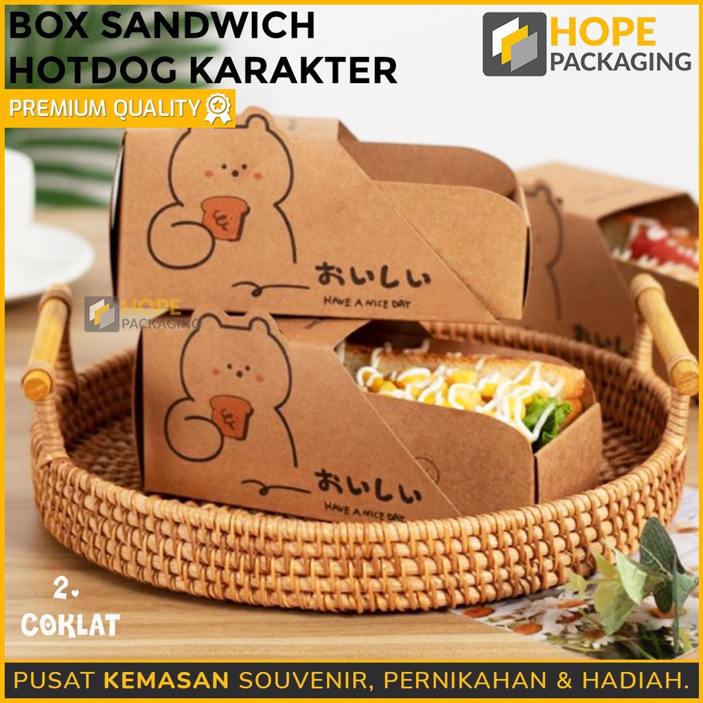 

[Harga / 5 pcs] Kardus Box Sandwich hotdog Karakter + plastik pembungkus motif