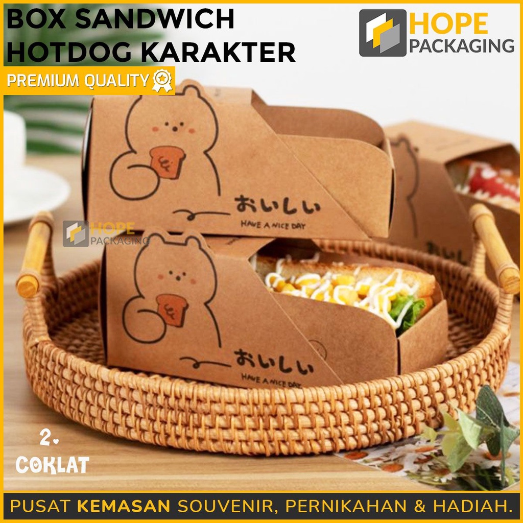 [ 3 PCS ] Box Sandwich hotdog Karakter + plastik pembungkus motif beruang / kotak sandwich warna putih dan coklat / kotak roti