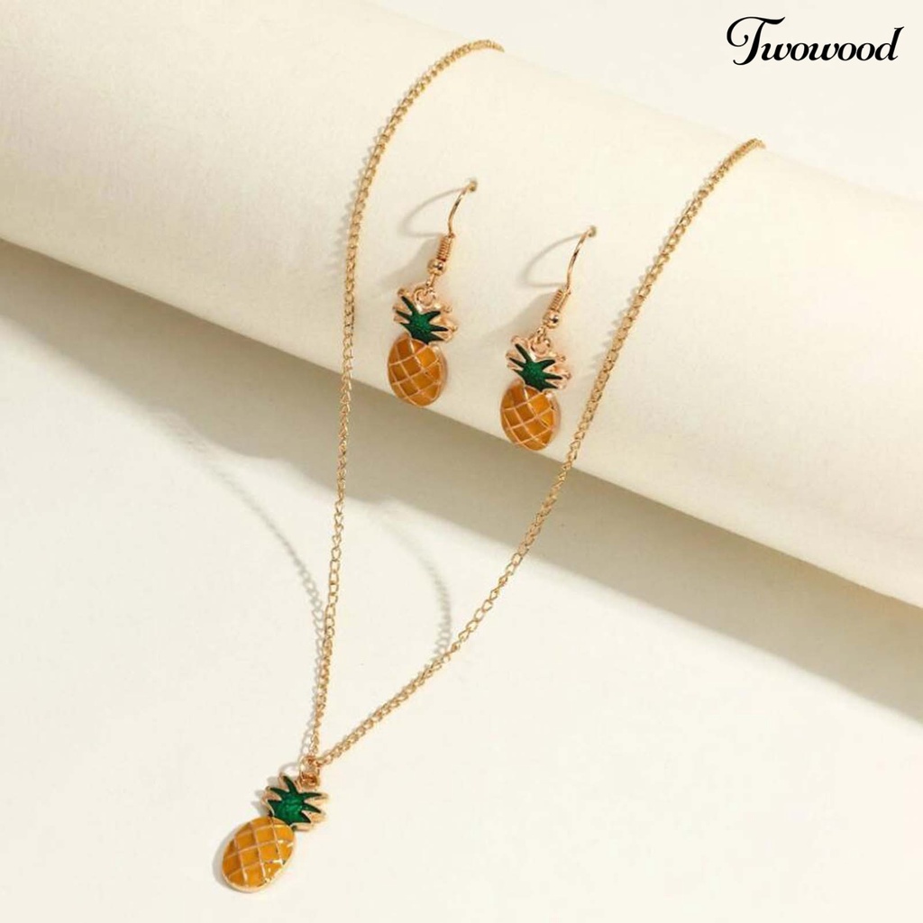 Twowood 2Pcs/Set Piercing Cute Necklace Earrings Set Alloy Pineapple Pendant Necklace Ear Hooks Jewelry Accessory