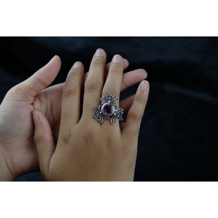 Cincin Perak Koleksi Amethyst, Kecubung ungu, motif kembang bunga