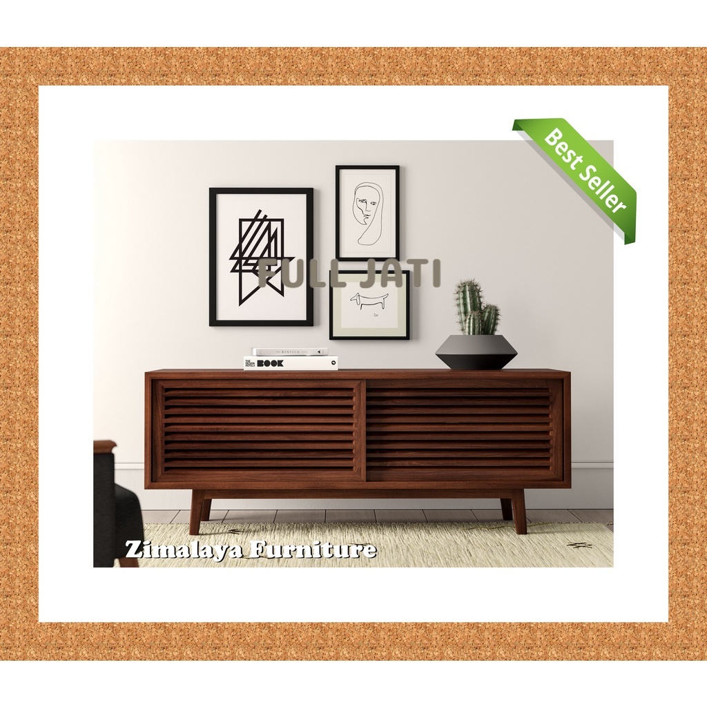 Buffet TV Jati Minimalis Model Retro Pintu Sliding FULL JATI