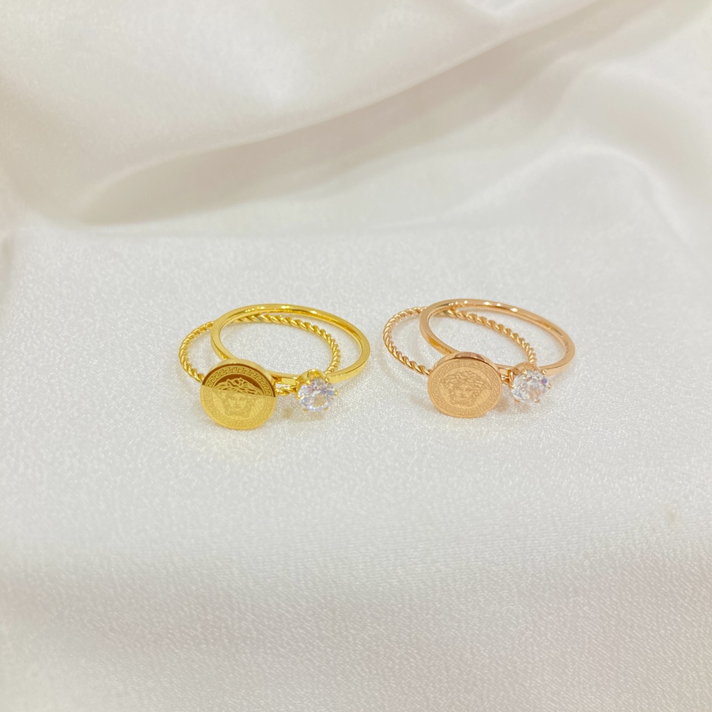 Cincin Wanita Titanium 2 Layer Mata Satu Tidak Karat Fashion Korea