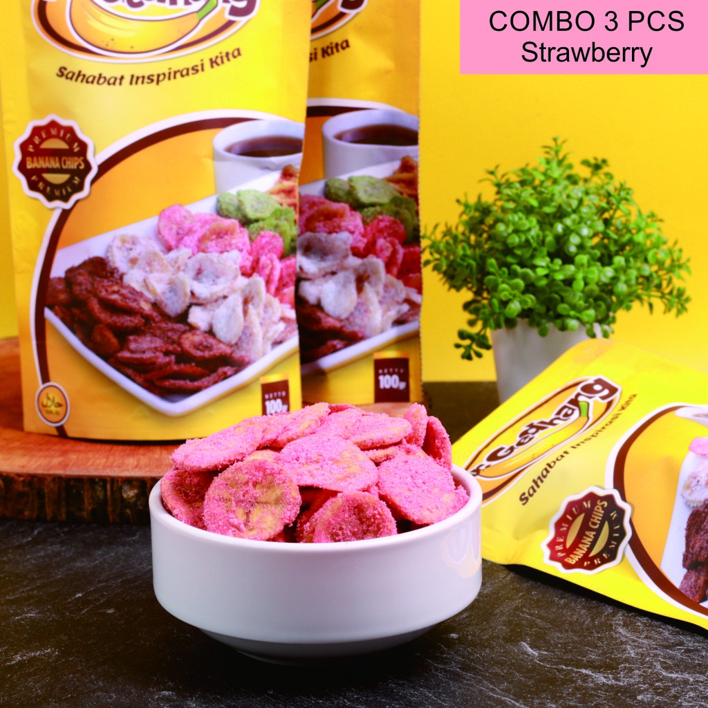 

Combo 3pcs Mr Gedhang Strawberry - Keripik Pisang 100gr Cemilan [kemasan praktis ] BEST SELLER