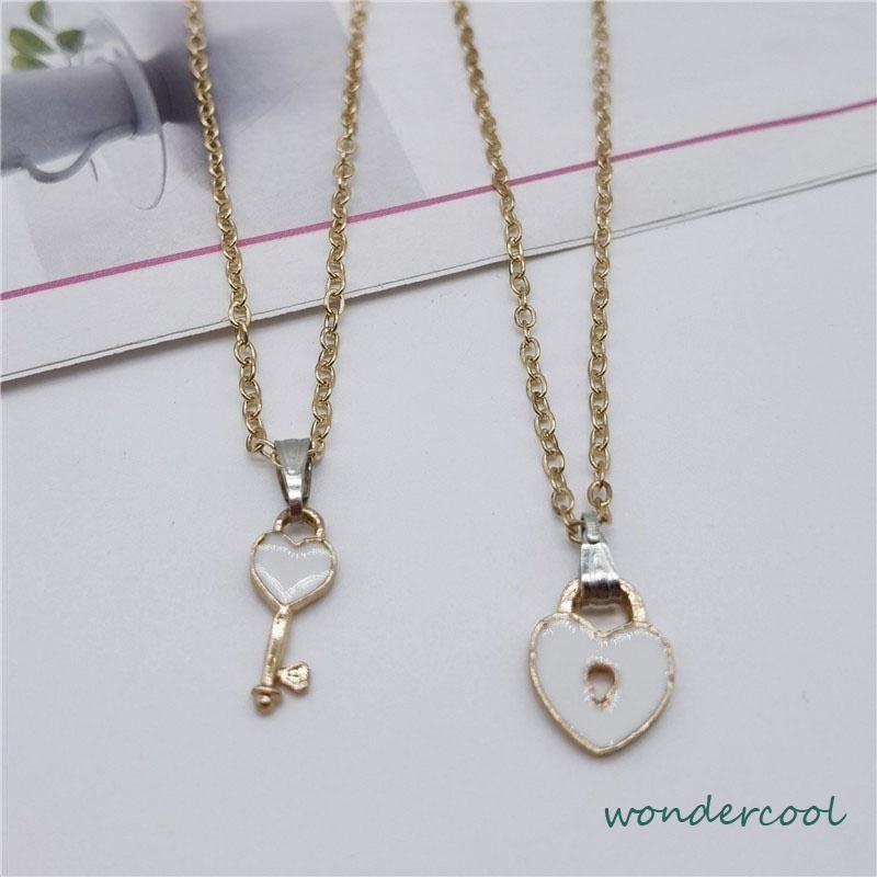 2 Pcs Fashion Wanita Trendi Kunci Liontin Link Rantai Kalung Hati Pasangan Pecinta Kalung-Won