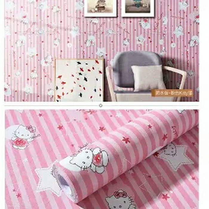 Wallpaper Sticker Dinding Hello Kitty Bintang Garis Ukuran Panjang 10Meter x Lebar 45CM