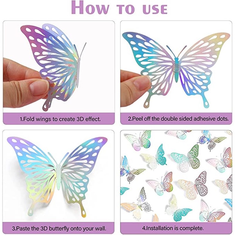 [12 Pcs/Set 3D Hollow Colorful Butterfly Self-adhesive Wall Stickers] [Home DIY Wallpaper Used for Living Room Bedroom TV Background Wall Decorations]