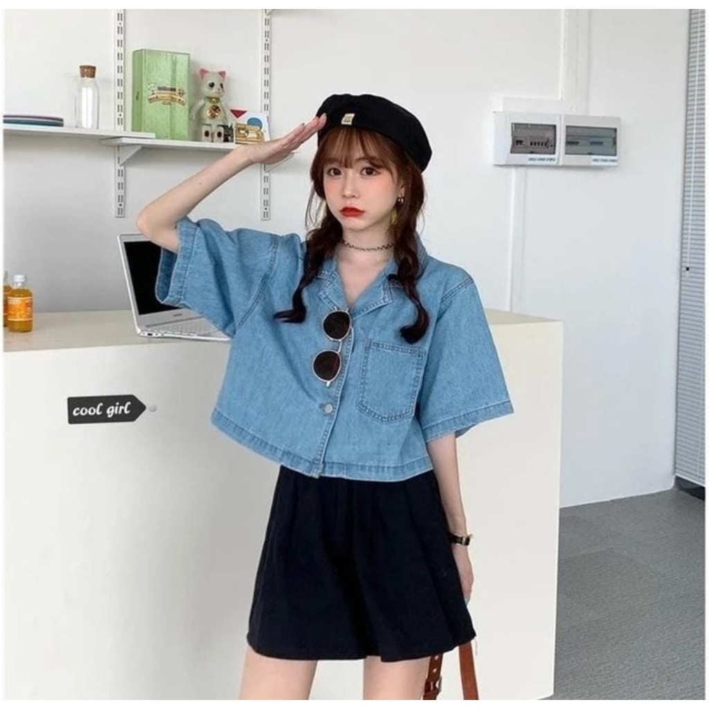 Jenas Shirt Jeans Croped ( Kemeja Jins Wanita Crop -)