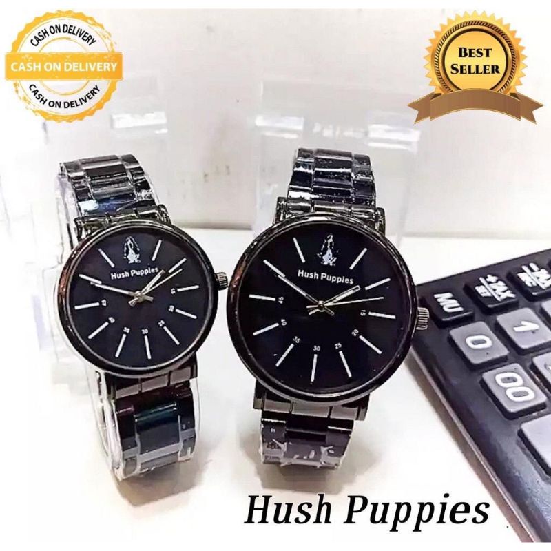(Cod)Jam Tangan Couple Hushpuppies Bulat Polos Strap Rantai Stell/Rantai (Dikirim Jakarta)