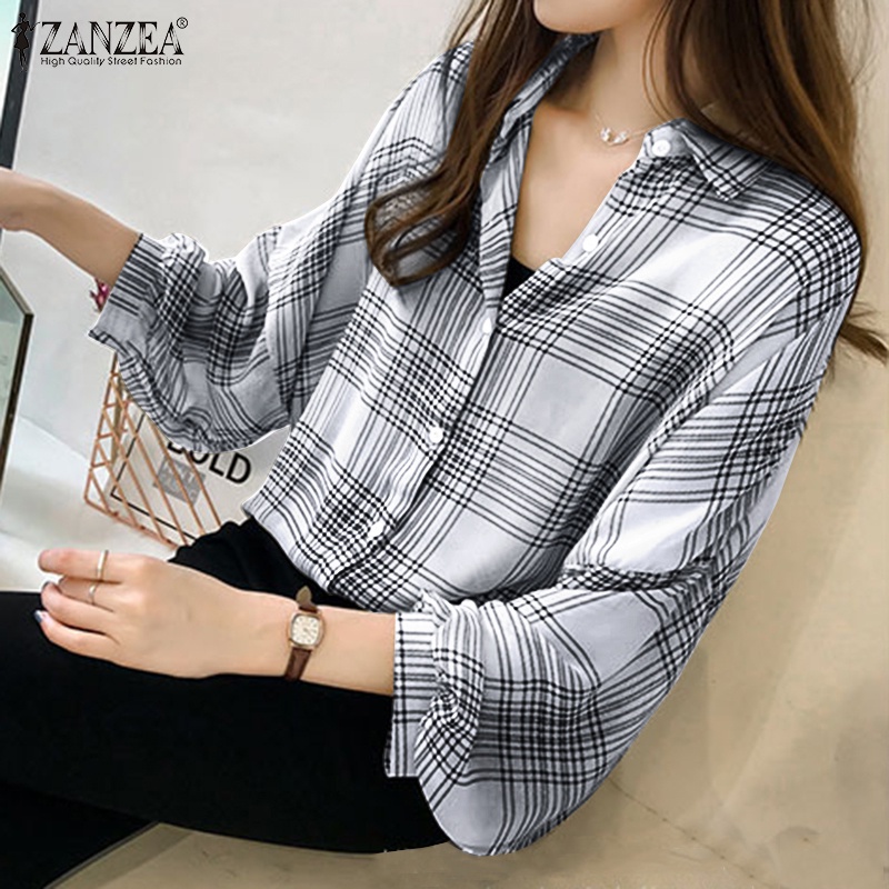 ZANZEA Women Long Sleeve Blouses Casual LooseSummer Autumn Plaid Work Shirt