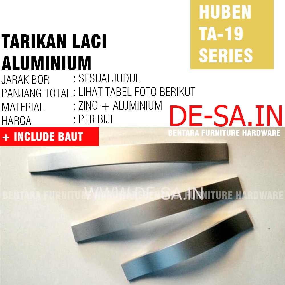 Huben TA-19 160 MM - Tarikan Laci Meja Lemari Kabinet Gagang Pintu  Drawer Handle Aluminium Anodize ( Sekitar 16 - 17 - 18 - 19 - 20 - 21 - 22 - 23 cm )