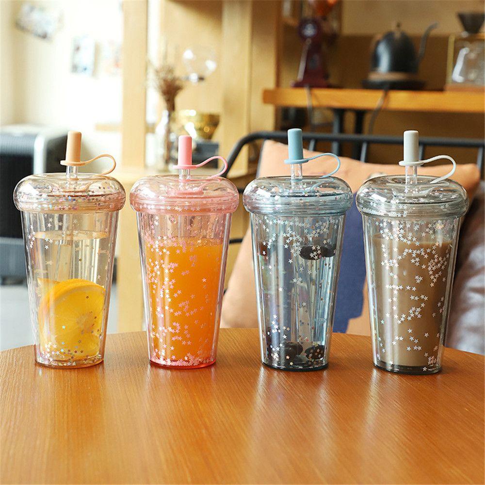 Solighter Botol Air Minum Sedotan Outdoor Glitter Double Layer