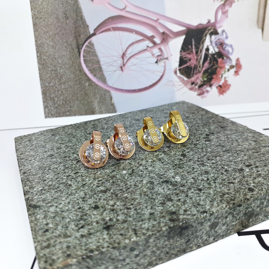 Anting Titanium Korea Kdrama Kpop Tusuk Bulat Hitam Solitaire Rose Gold - BE363