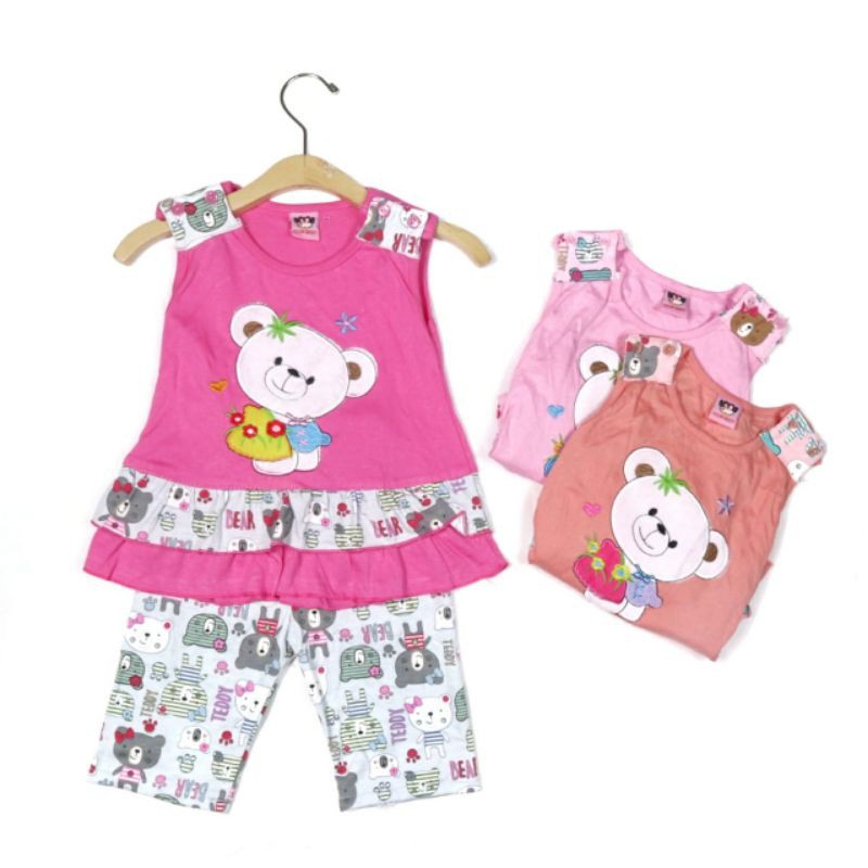 SETELAN FASHION PAKAIAN BAJU ANAK PEREMPUAN 1 TAHUN MOTIF BEAR CUTE WARNA PINK FANTA PEACH RENDA