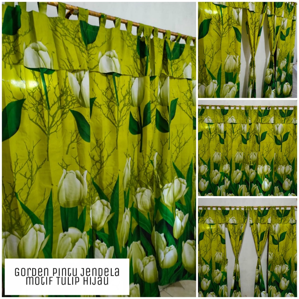 Gorden Pintu Tali Motif Bunga Hijau Tulip Eillish | Hordeng Pintu & Jendela | Katun Tebal | Bisa COD