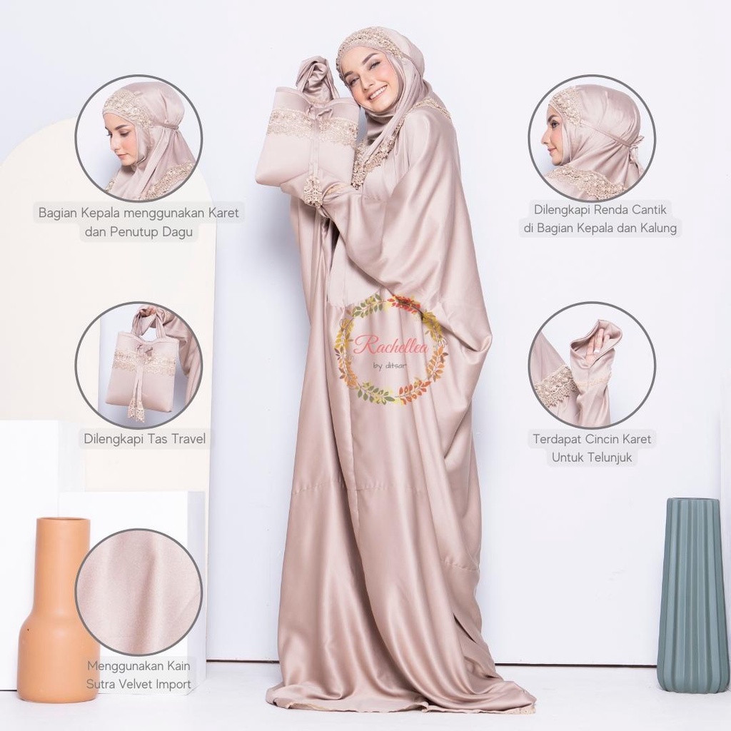 QU63FD Mukena Terusan Dewasa Kayla Renda Khadijah Sutra Velvet