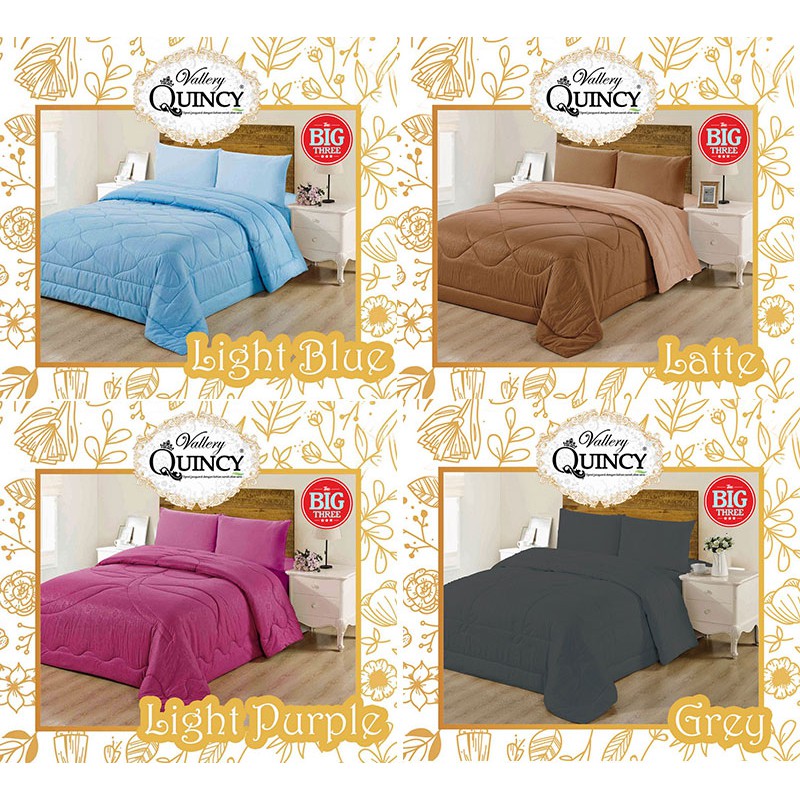 Set Bedcover + Sprei 120x200 QUINCY VALLERY  Tinggi 30 Polos Dan Motif Caroline Carara Putih Espresso Evelyn Grey Pink Aquatic Karen Gemma Hugo - BC 120 Single