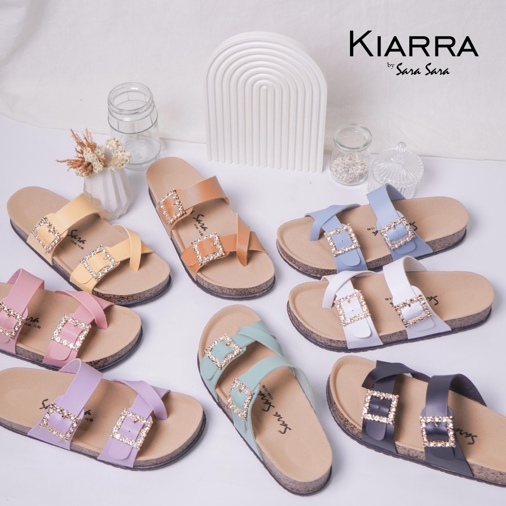 Sara Sara KIARRA Sandal Slop Wanita Kekinian Sendal Kulit Birken Sol Karet Gesper Berlian Sandal Wanita Terbaru