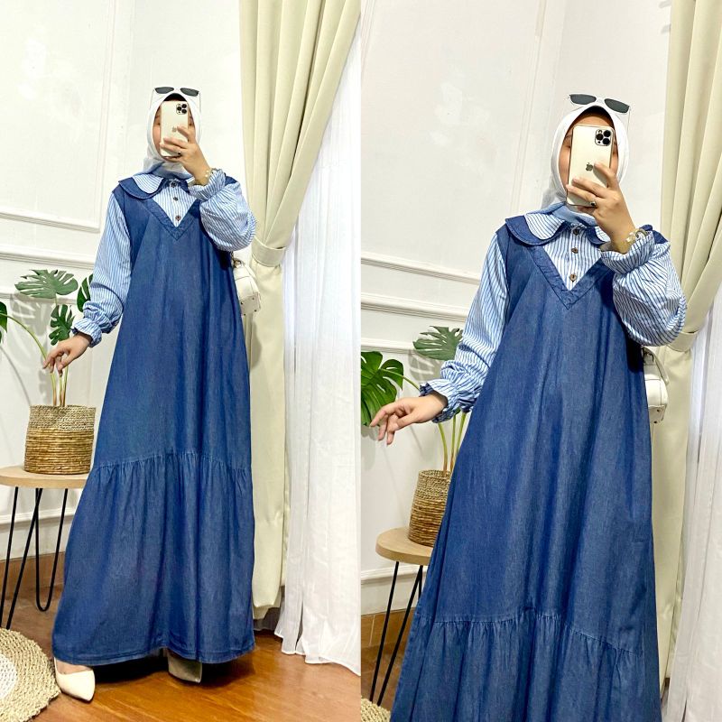 gamis jeans lemes ,gamis katun kombinasi jeans,gamis salur kombinasi jeans,gamis salur kombinasi pol