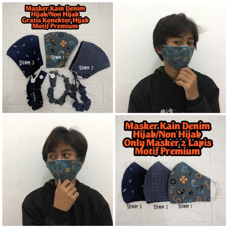 Masker Kain Denim Motif  + Konektor Model Duckbill