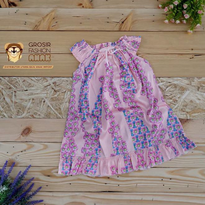 Dress Piyama Anak Baju Tidur Perempuan Satin Import - Size 13, Bunga Wawar