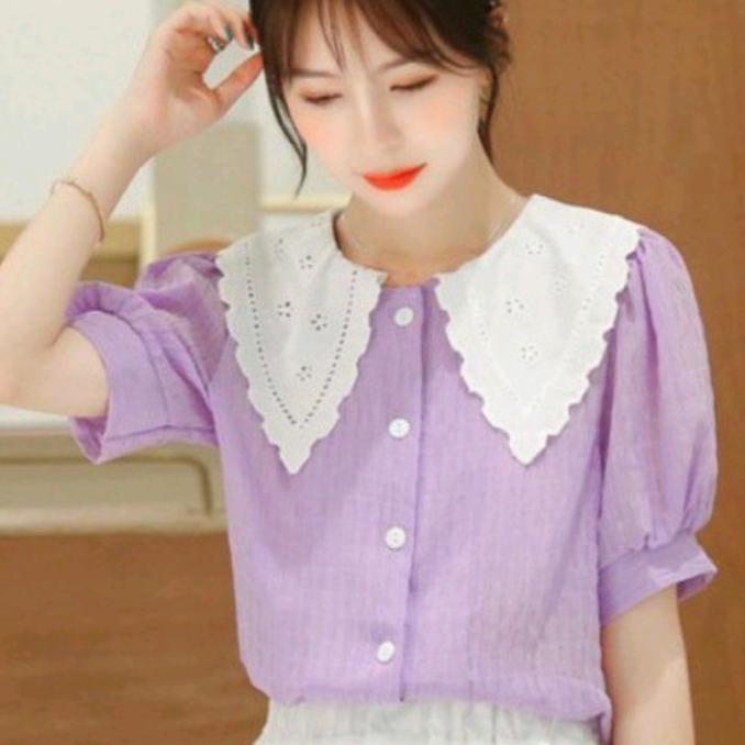 MURAH! kemeja korea hem shirt atasan baju blouse collar lilac ungu purple