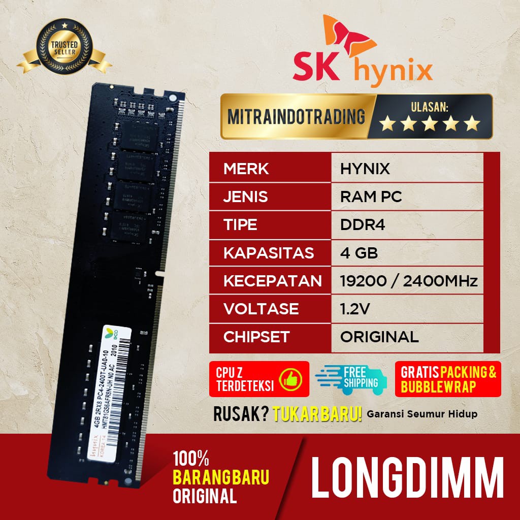 RAM HYNIX LONGDIMM DDR4 4GB PC19200 ATAU 2400Mhz BERGARANSI