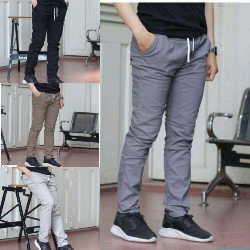 CELANA Pria SLIMFIT Panjang chino pinggang karet