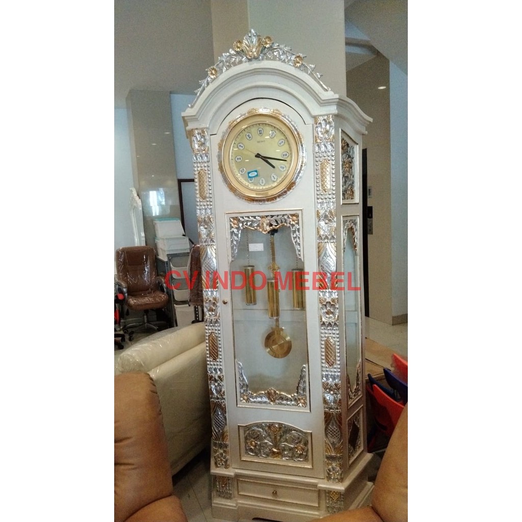 Jam gandul jepara jati jam klasik ukir promo putih cat gold silver ready stock makassar murah