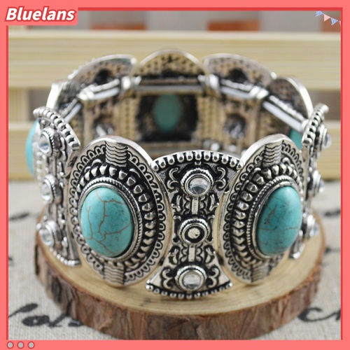 Gelang Bangle Turquoise Ukir Bentuk Oval Gaya Retro Tibet Untuk Wanita