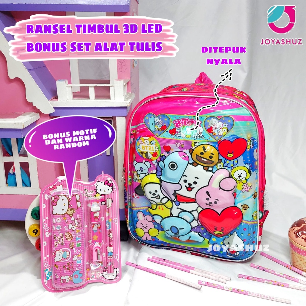 Tas Anak Perempuan Ransel BT 3D LED Anak SD Berbonus - Ransel  Timbul LED - Tas Sekolah Anak SD Karakter - Tas  Anak Perempuan SD Gratis Botol Dan Misting - Tas Sekolah Anak Perempuan Karakter Lucu - Joyashuz