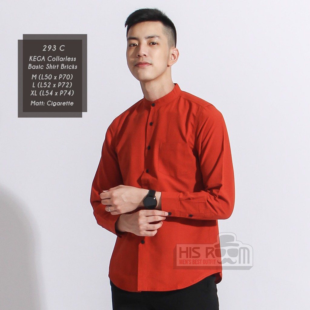 HSRM - Kemeja Pria Kerah Shanghai Kemeja Collarless Kemeja Formal Polos Lengan Panjang KEGA OX 293 300