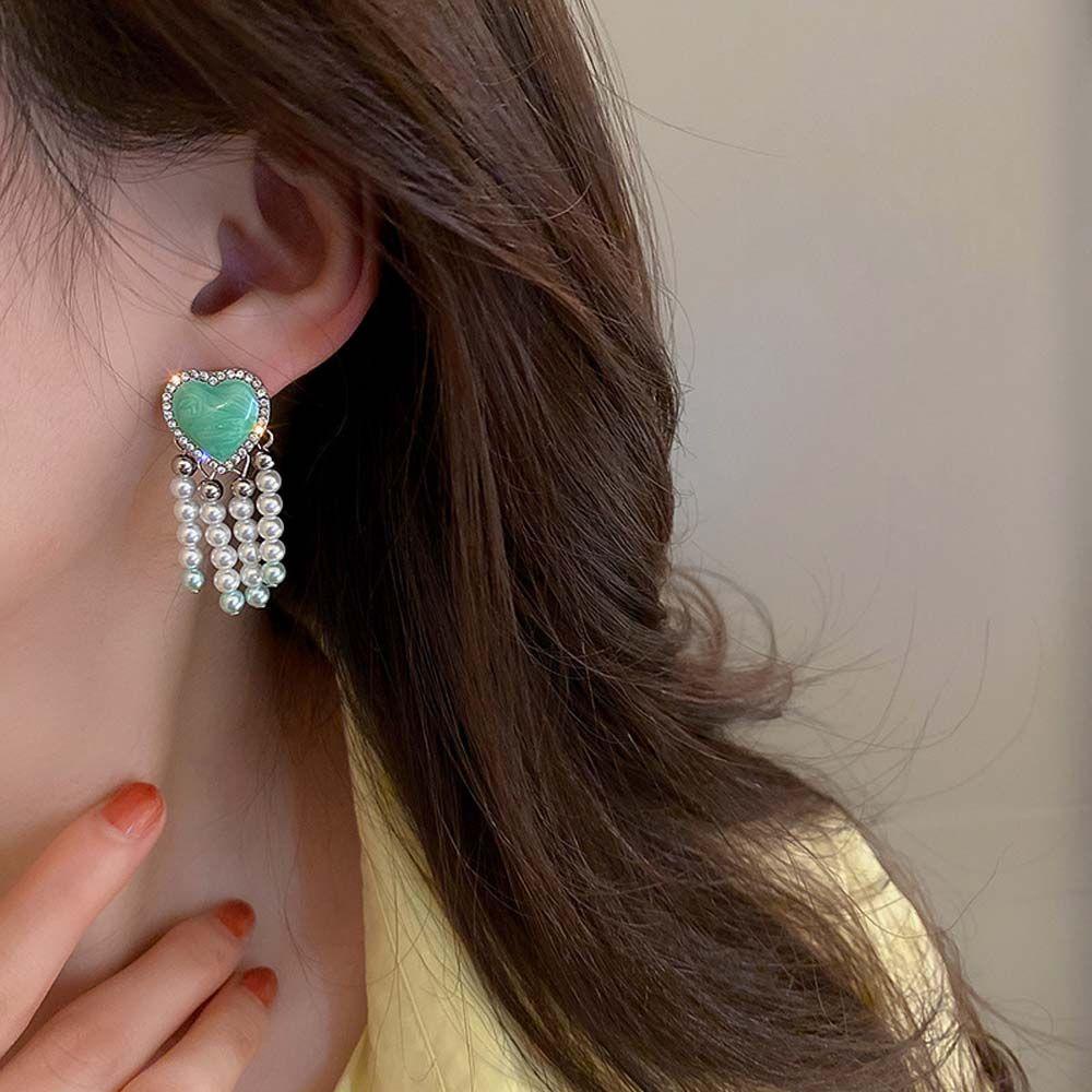 Mxbeauty Mutiara Jantung Anting Fashion Perhiasan Gadis Cinta Hati Pearl Rumbai Berlian Imitasi Drop Earrings Wanita Earrings