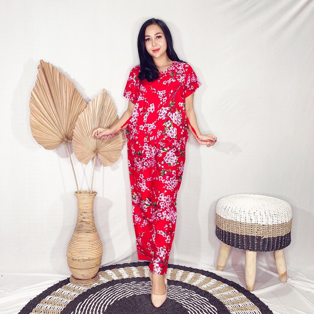 Daster Babydoll Panjang Bali-SET PAN SAKURA MERAH