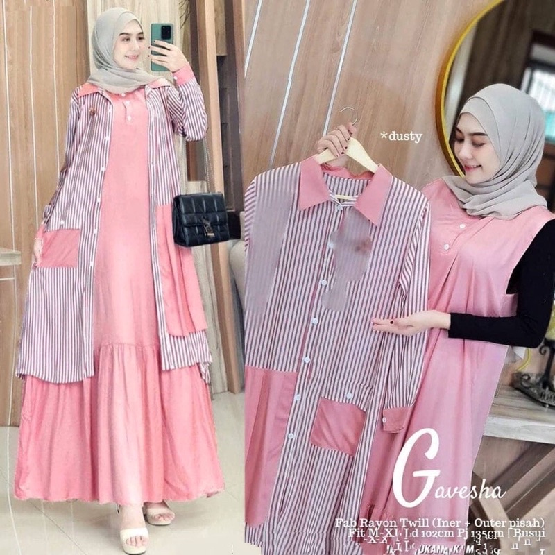 Gavesha Set 2 In 1 / Setelan Baju Gamis + Outer  Terbaru 2022 / Set Dress Muslim Matt Katun Rayon Mi