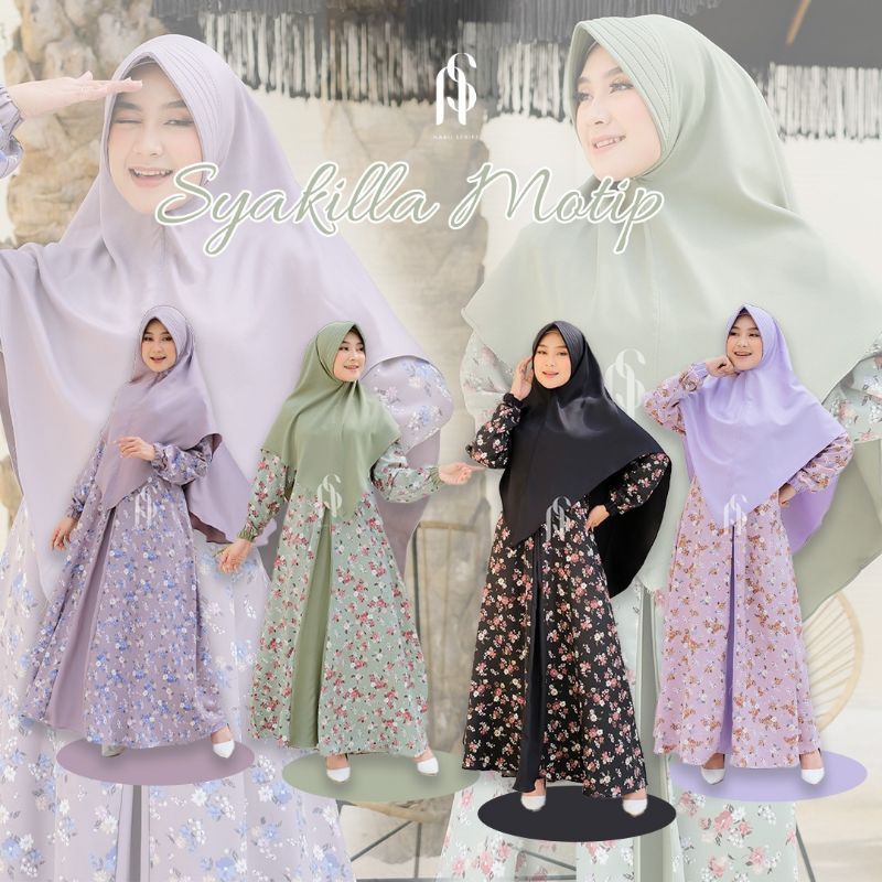SETELAN GAMIS SYAKILLA DRESS MOTIF BUNGA SET KHIMAR INSTAN ORI NABIL
