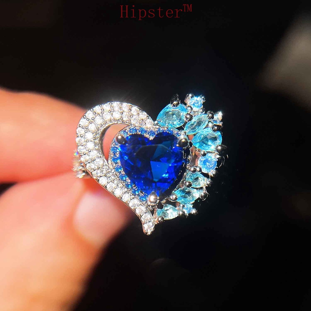 High-End Temperament Natural Dark Blue Gemstone Love Heart-Shaped Full Diamond Ring